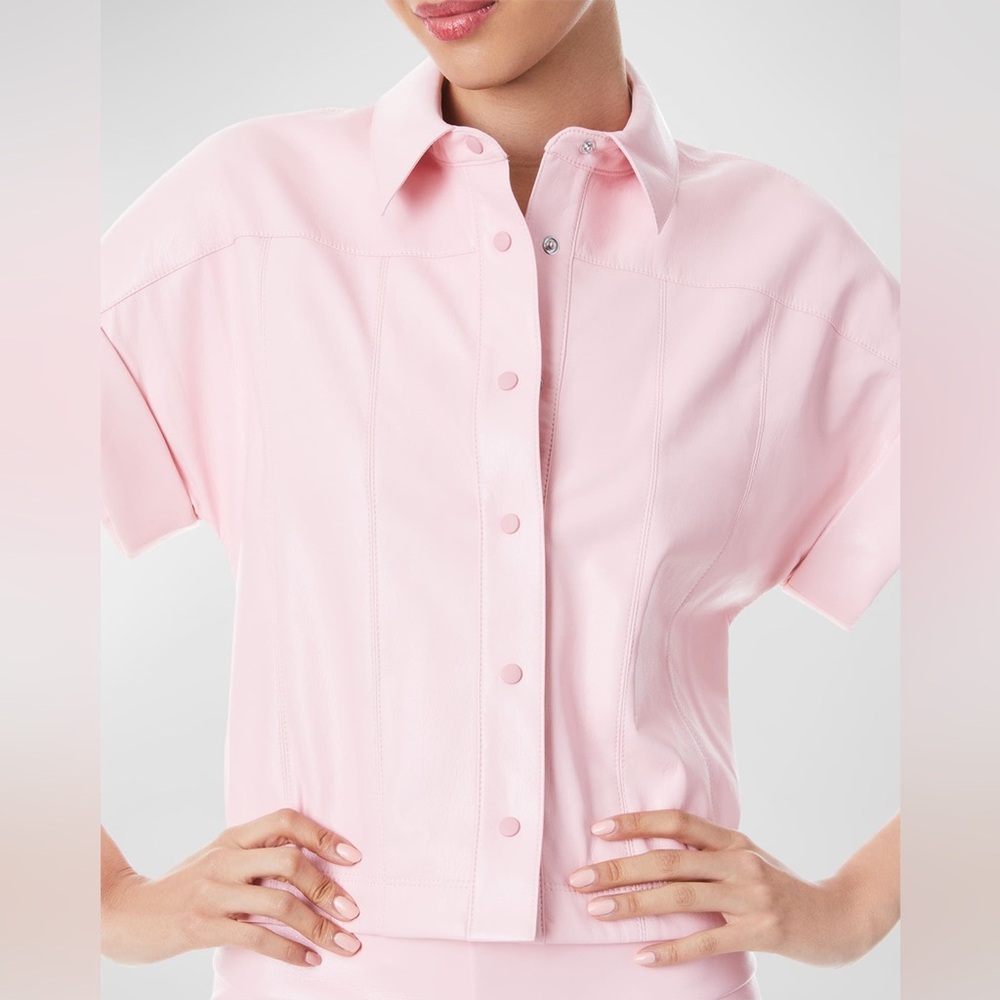 Alice+olivia Edyth vegan leather button down shirt